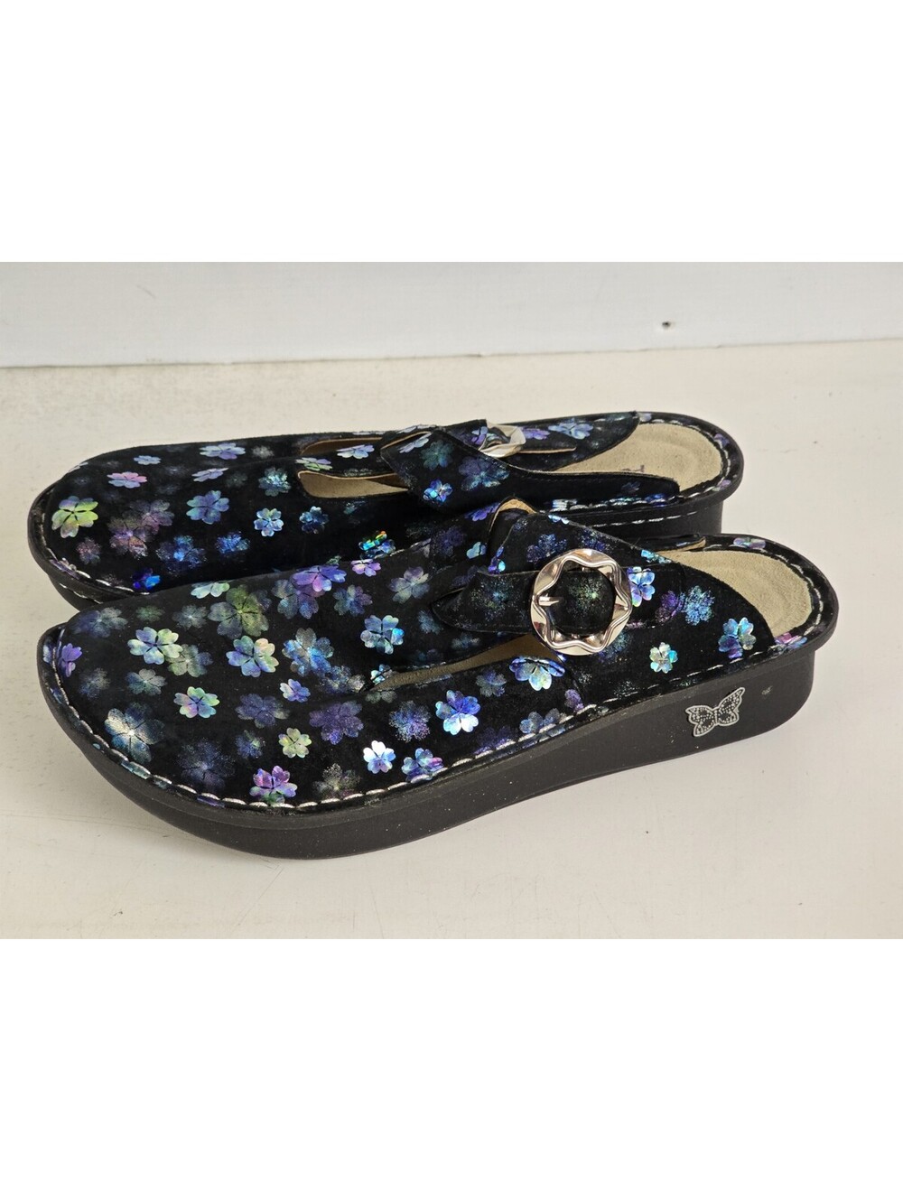 Alegria Black Slip-On Clogs with Iridescent Blue-Purple Floral Print